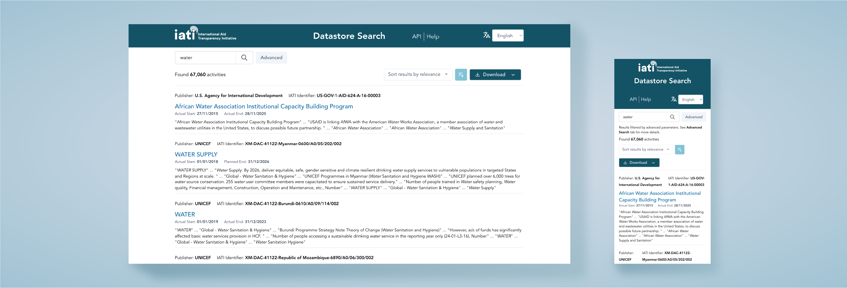 IATI.cloud Search interface shown on desktop and mobile: a search for "water" returning 67,060 activities with publisher and IATI identifier details.