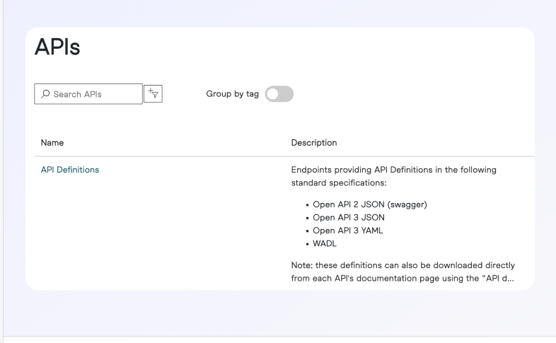 API definitions list showing endpoints and descriptions in the browser.