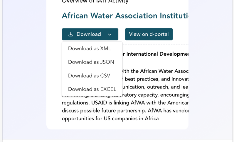 Download menu on an activity offering XML, JSON, CSV and EXCEL formats.