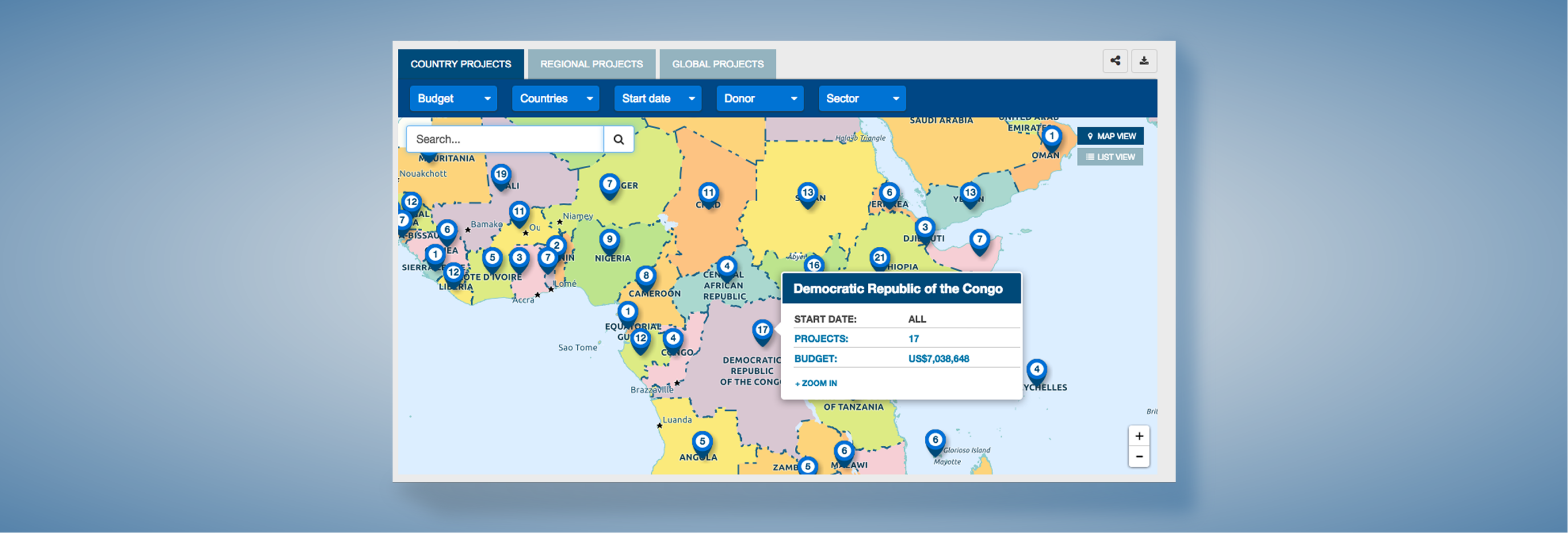 UNESCO Transparency Portal project map: pinned country project counts across Africa and the Middle East with a Democratic Republic of the Congo detail callout showing projects and budget.