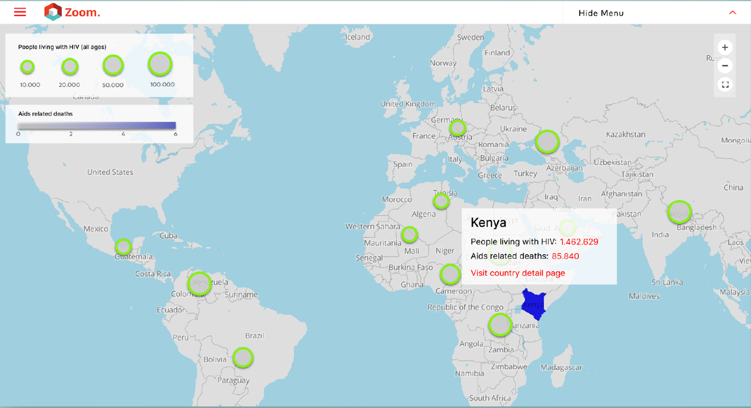 Zoom public geo-map explorer: a world map of people living with HIV, with a Kenya country hover callout showing HIV and Aids-related death figures.