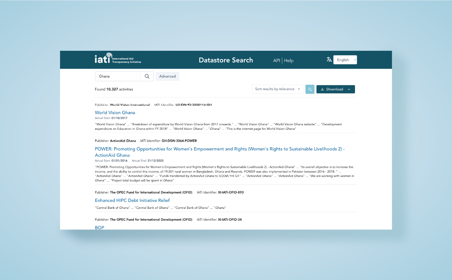 IATI.cloud search results page.
