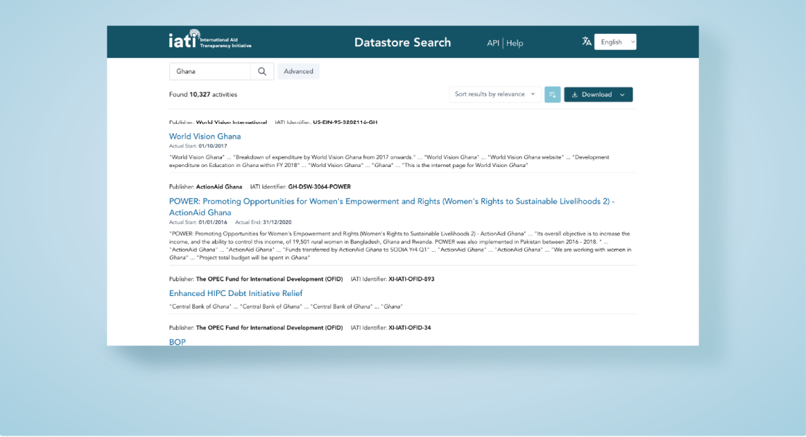 IATI Datastore search results page.