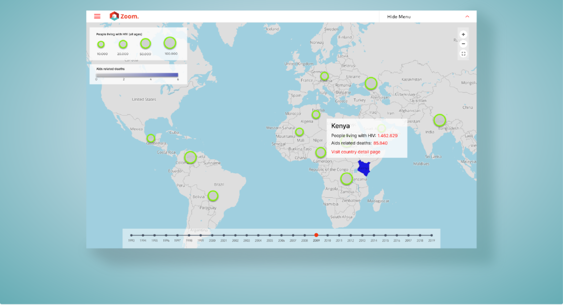 Zoom interactive world map of HIV data.